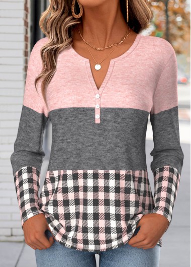 women clothes image of Multi Color Plaid Patchwork Long Sleeve T Shirt