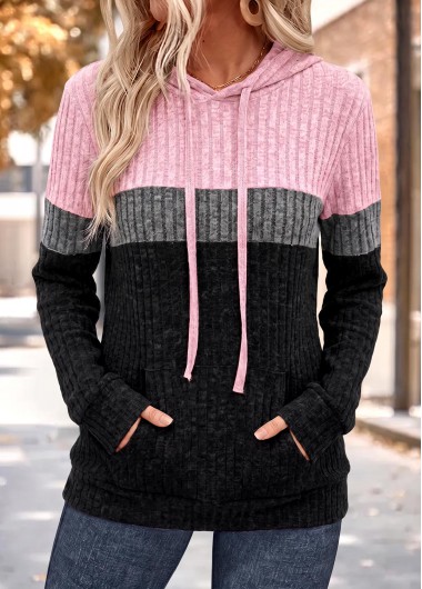 women clothes image of Pink Patchwork Long Sleeve Tunic Hoodie