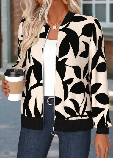 women clothes image of Beige Tummy Coverage Leaf Print Long Sleeve Jacket