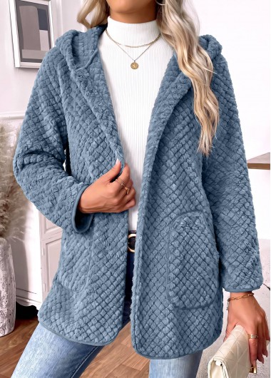 women clothes image of Dusty Blue Double Side Pockets Long Sleeve Hooded Coat