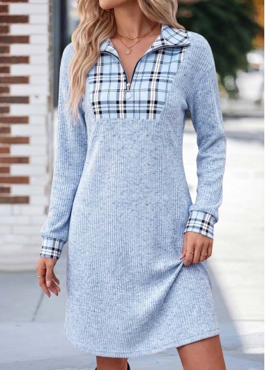women clothes image of Light Blue Plaid Short Patchwork Long Sleeve Dress