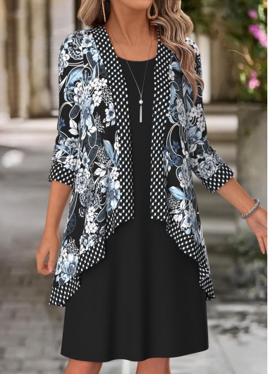 women clothes image of Black Floral Print Two-piece Long Sleeve Dress and Cardigan