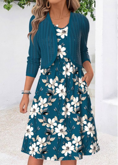 women clothes image of Turquoise Floral Print Two-piece Long Sleeve Dress and Cardigan
