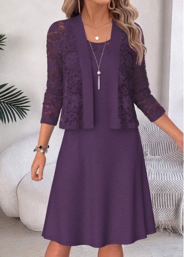 women clothes image of Purple Two-piece Half Sleeve Round Neck Dress and Cardigan