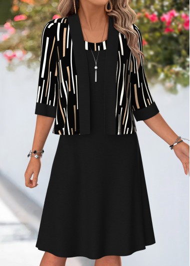 women clothes image of Black Geometric Print Two-piece Half Sleeve Dress and Cardigan