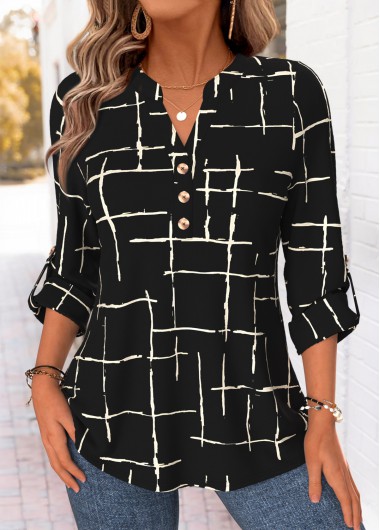 women clothes image of Black Geometric Print Curved Hem Long Sleeve Shirt