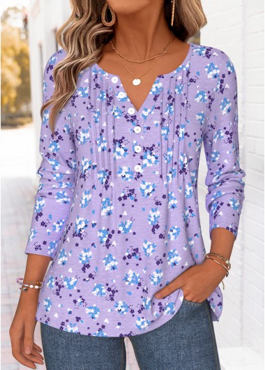women clothes image of Light Purple Ditsy Floral Print Tuck Stitch T Shirt