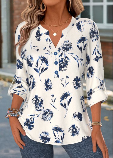 women clothes image of Blue Floral Print Tummy Coverage Long Sleeve Blouse