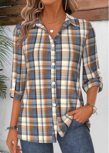 women clothes image of Multi Color Plaid Tummy Coverage 3/4 Sleeve Shirt