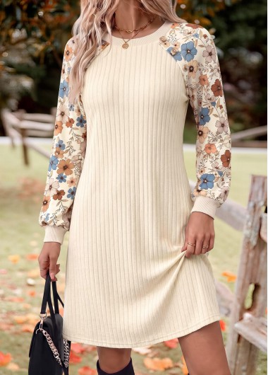 women clothes image of Beige Floral Print Patchwork Long Sleeve Round Neck Dress