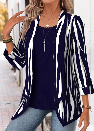 women clothes image of Navy Geometric Print Half Sleeve Fake Two Piece Twinset