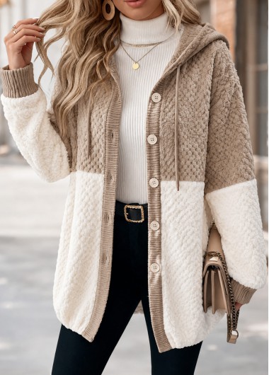 women clothes image of Light Camel Patchwork Long Sleeve Hooded Coat