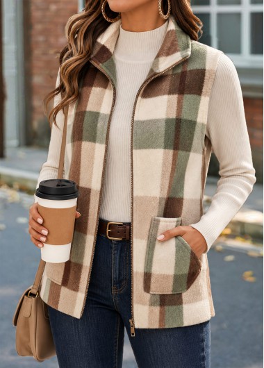 women clothes image of Multi Color Patch Pocket Plaid Sleeveless Stand Collar Waistcoat