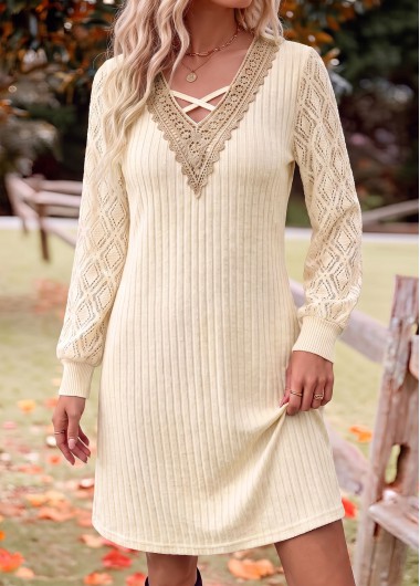 women clothes image of Beige Short Patchwork Long Sleeve V Neck Dress