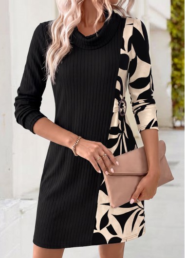 women clothes image of Black Leaf Print Patchwork Long Sleeve Cowl Neck Dress