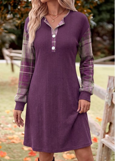 women clothes image of Dark Purple Plaid Patchwork Long Sleeve Round Neck Dress