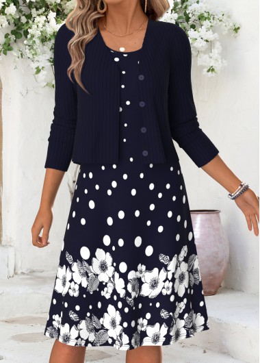 women clothes image of Navy Floral Print Two-piece Long Sleeve Round Neck Dress
