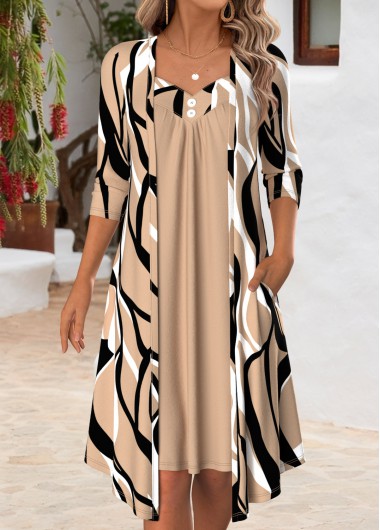 women clothes image of Light Camel Geometric Print Fake 2in1 Long Sleeve Dress