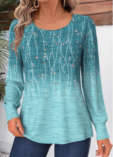 women clothes image of Turquoise Plants Print Shirred Long Sleeve T Shirt