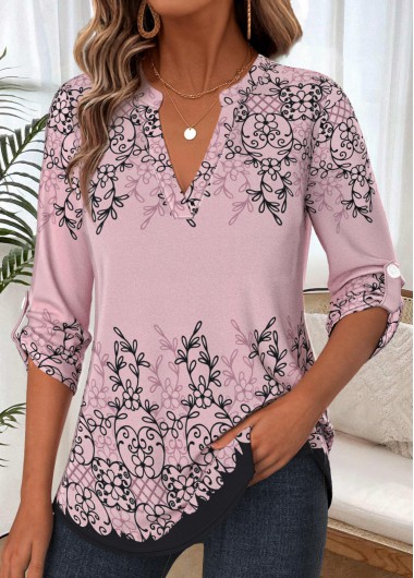 women clothes image of Dusty Pink Random Floral Print Curved Hem Shirt