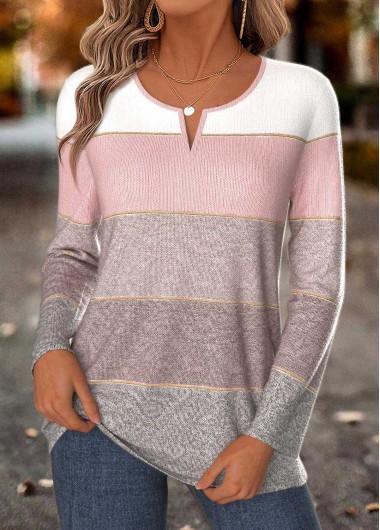 women clothes image of Multi Color Striped Curved Hem Long Sleeve T Shirt