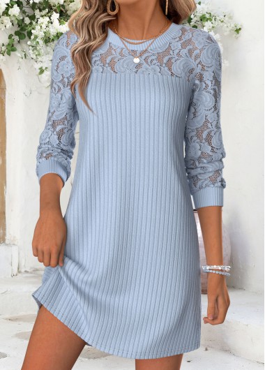 women clothes image of Blue Short Patchwork Long Sleeve Round Neck Dress