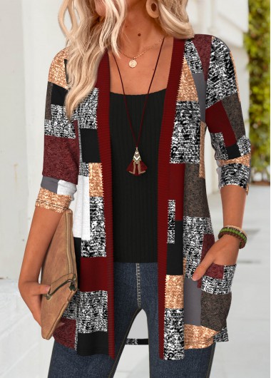 women clothes image of Multi Color Geometric Print Patch Pocket Light Cardigan