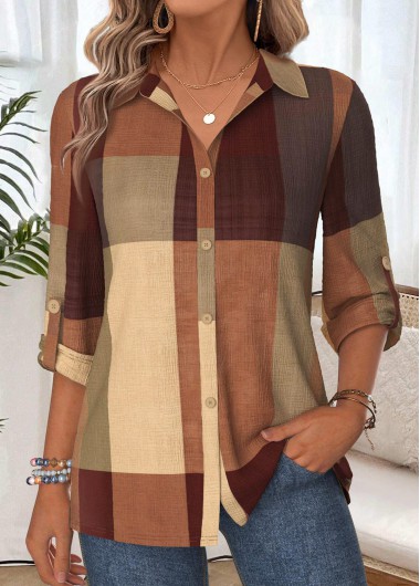 women clothes image of Multi Color Geometric Print Tummy Coverage 3/4 Sleeve Shirt