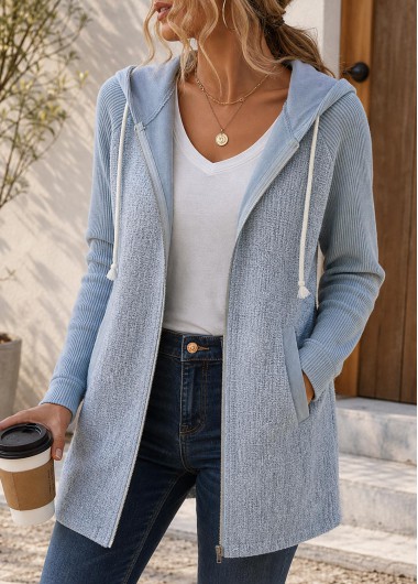 women clothes image of Blue Patchwork Long Sleeve Hooded Coat