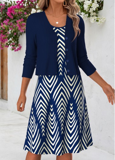 women clothes image of Navy Geometric Print Two-piece Long Sleeve Dress and Cardigan