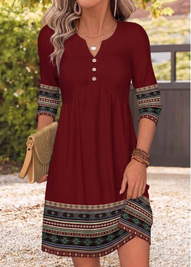 women clothes image of Wine Red Tribal Print Short Shirred Long Sleeve Dress