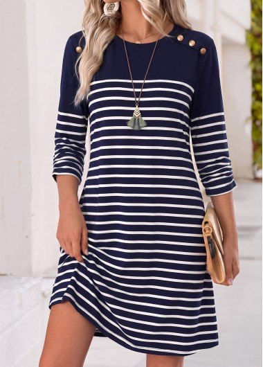 women clothes image of Navy Striped Short Tummy Coverage Long Sleeve Dress
