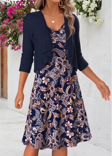women clothes image of Navy Paisley Print Two-piece Long Sleeve Dress and Cardigan