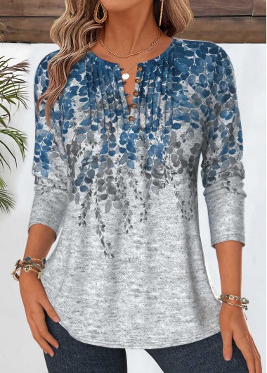 women clothes image of Blue Leaf Print Tuck Stitch Long Sleeve T Shirt