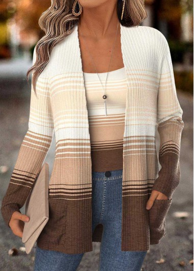 women clothes image of Light Coffee Striped Curved Hem Fake Two Piece Twinset