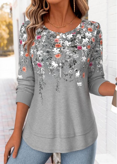 women clothes image of Light Grey Marl Floral Print Fake 2in1 T Shirt