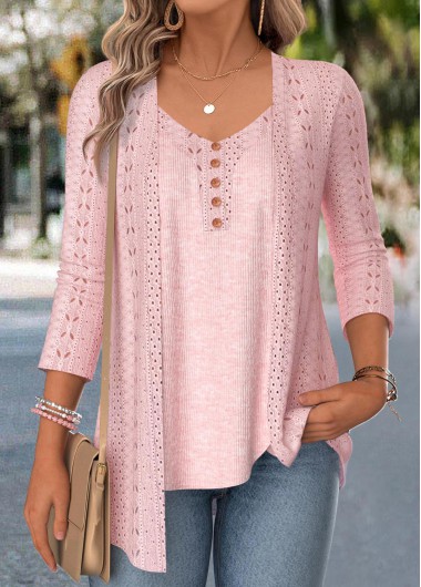 women clothes image of Pink 3/4 Sleeve Fake Two Piece Twinset