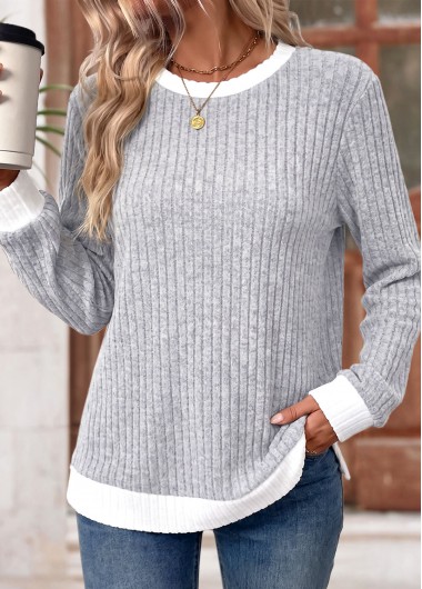 women clothes image of Light Grey Patchwork Long Sleeve Round Neck Sweatshirt