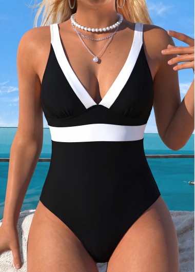women clothes image of Black Patchwork V-Neck One Piece Swimwear