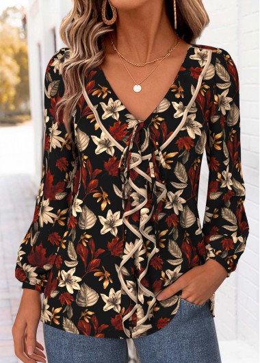 women clothes image of Multi Color Leaf Print Ruffle Long Sleeve Blouse