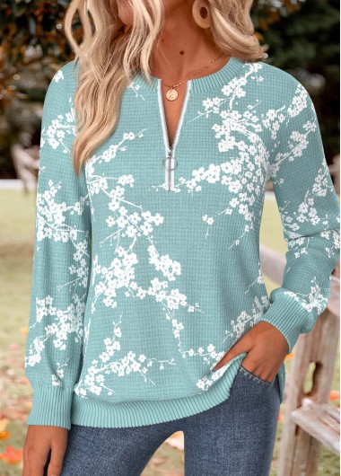 women clothes image of Green Floral Print Zipper Long Sleeve Round Neck Sweatshirt