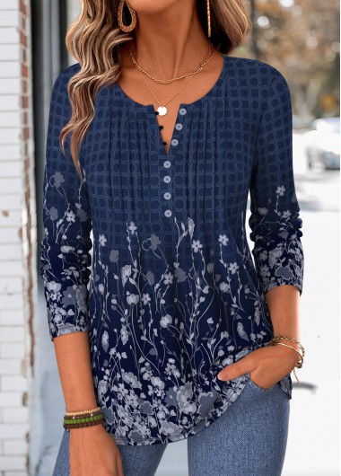 women clothes image of Navy Floral Print Tuck Stitch Long Sleeve T Shirt