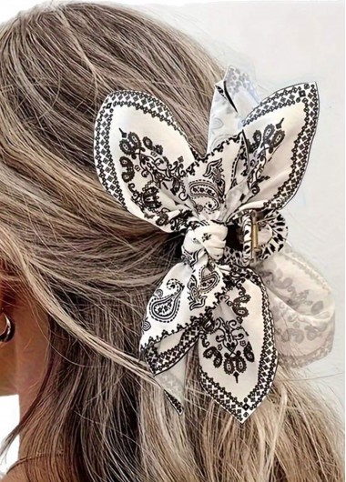 women clothes image of White Paisley Print Bow Hair Barrette Clip