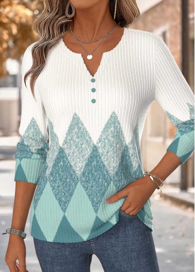 women clothes image of Cyan Geometric Print Curved Hem Long Sleeve T Shirt