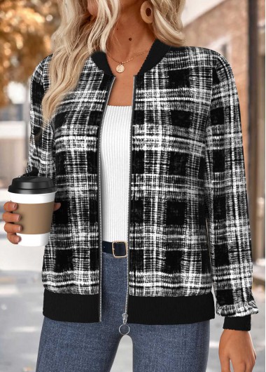 women clothes image of Black Tummy Coverage Plaid Long Sleeve Stand Collar Jacket