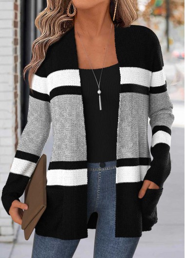 women clothes image of Black Striped Curved Hem Long Sleeve Cardigan