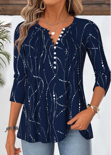 women clothes image of Navy Geometric Print Curved Hem Long Sleeve T Shirt