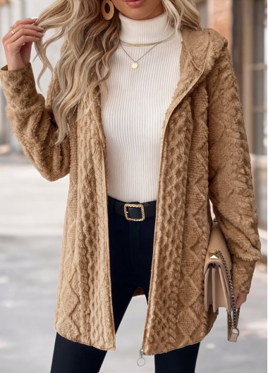 women clothes image of Light Coffee Tummy Coverage Long Sleeve Hooded Coat