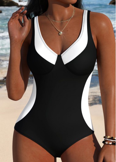 women clothes image of Black Patchwork V-Neck One Piece Swimwear