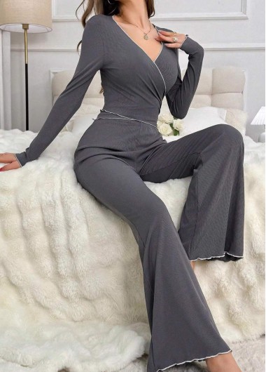 women clothes image of Grey Long Sleeve V Neck Lounge Top and Pants